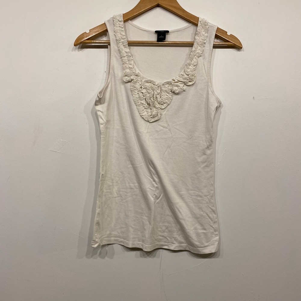 Ann Taylor Womens White Ruffle Neck Tank Top Sleeveless Scoop Neck Small